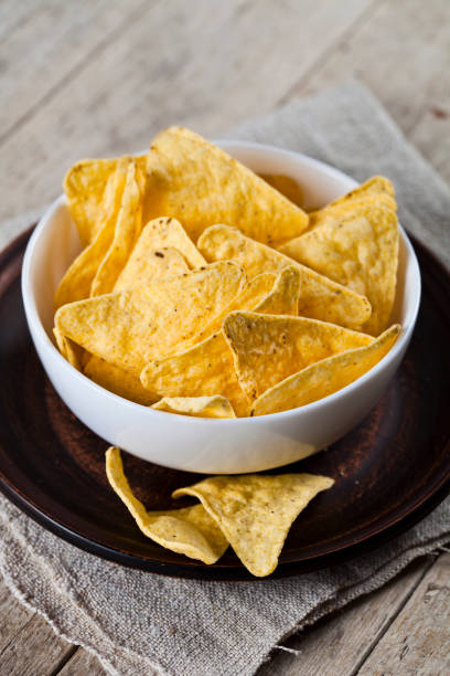 istock Mexican nachos chips in white bowl on brown ceramic plate. 1150788099