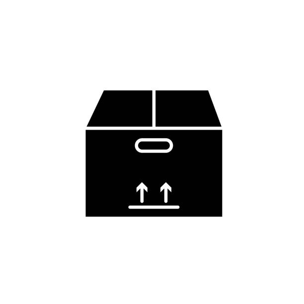 illustrazioni stock, clip art, cartoni animati e icone di tendenza di icona scatola di cartone nero. illustrazione vettoriale isolata su sfondo bianco - black background cardboard box computer icon symbol