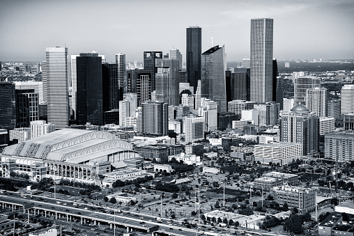 The downtown skyline of Houston, Texas shot from an altitude of about 1000 feet during a helicopter photo flight.
