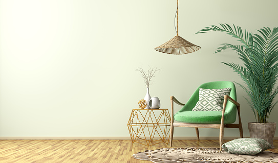Interior of living room with golden coffee table,  green armchair, home design 3d rendering