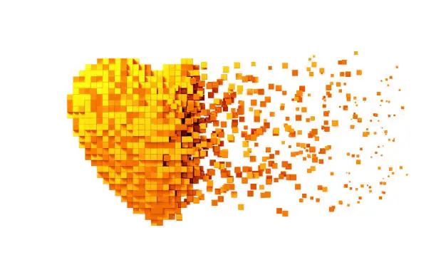 Disintegration Of Golden Digital Heart Isolated On White Background. 3D Illustration.
