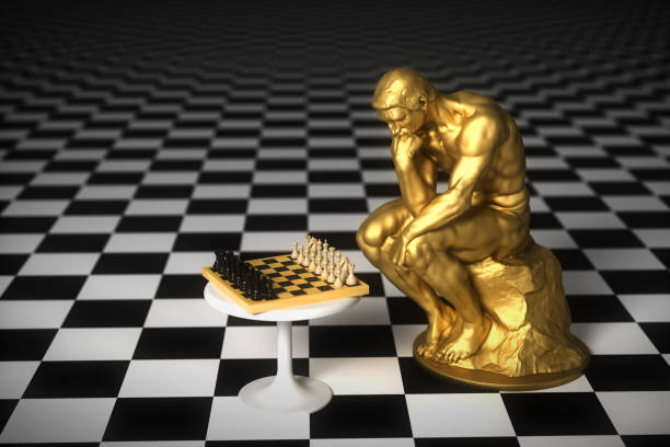 Gold Sculpture Thinker Pondering The Chess Game. 3D Illustration.