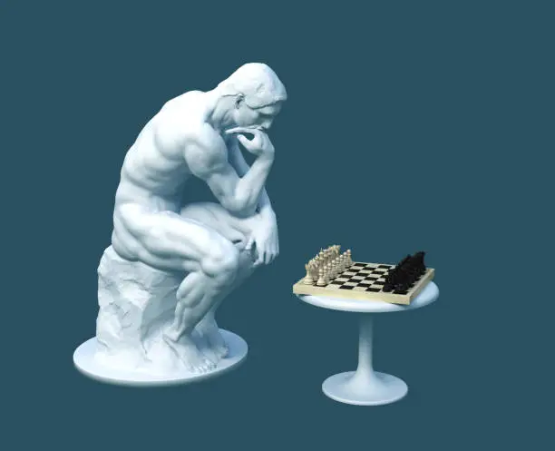 Sculpture Thinker Pondering The Chess Game On Blue Background. 3D Illustration.