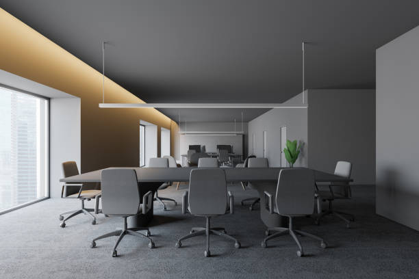 istock Modern dark office interior with work space. 3D render. concept of successful business. 1150800194