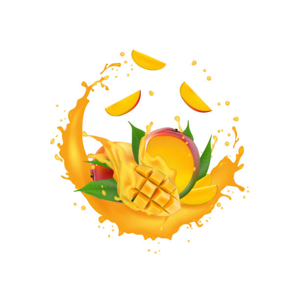 ilustrações de stock, clip art, desenhos animados e ícones de juice milk yogurt mango cubes splashing. juicy mango splash packaging template. falling slices. - chocolate swirl backgrounds coffee