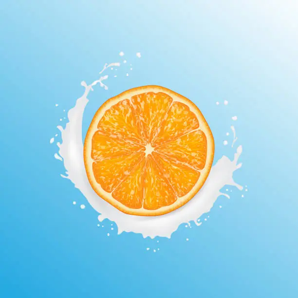 Vector illustration of Realistic 3d Vector Illustration. Sliced orange. Milk juice splash. Colourful citrus background.