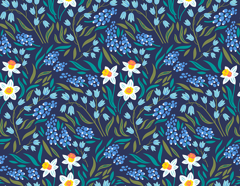 Vector seamless pattern with spring flowers: narcissuses, hyacinths and muscari