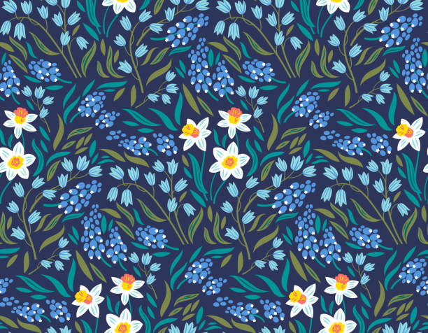 Vector pattern Vector seamless pattern with spring flowers: narcissuses, hyacinths and muscari spring background stock illustrations