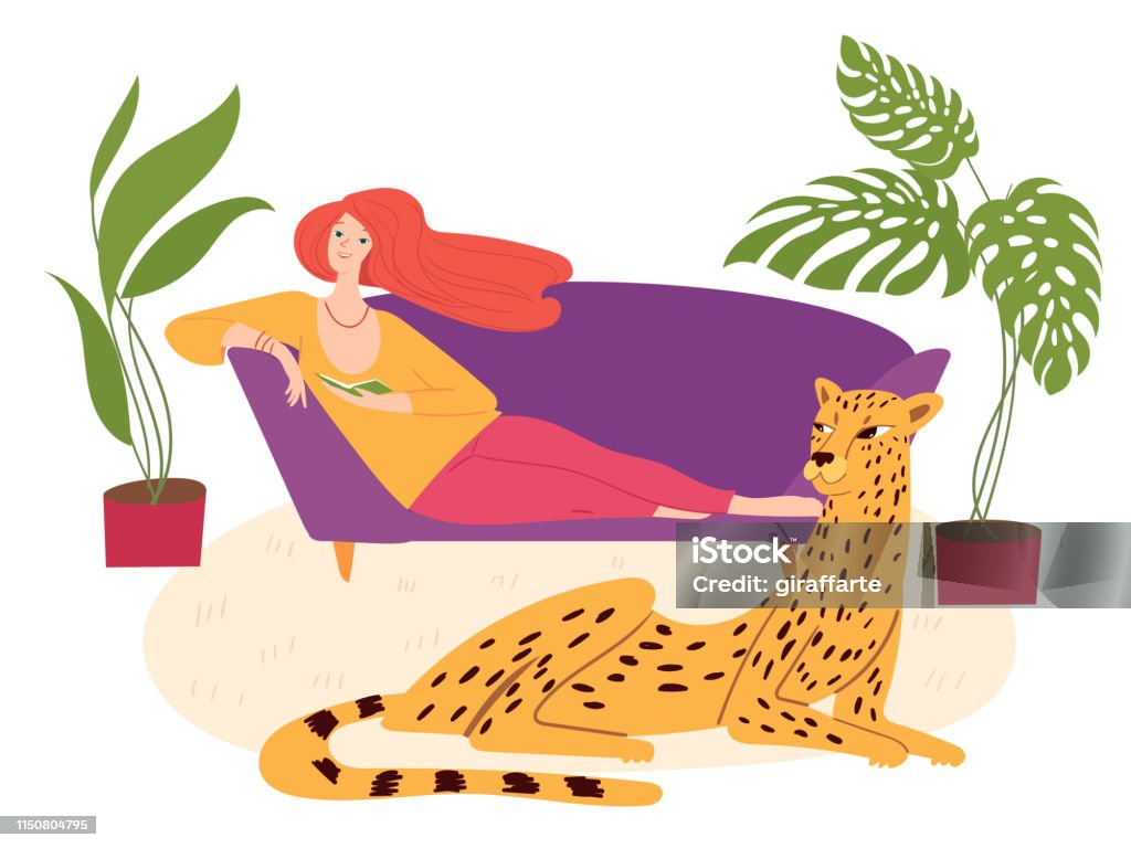 Home jungle hygge illustration with a woman reading a book and a wild cat cheetah Vector hygge illustration with jungle atmosphere with a jaguar and  a woman sitting on a sofa and reading a book with home plants. Adult stock vector