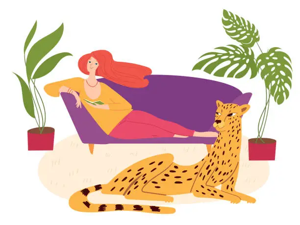 Vector illustration of Home jungle hygge illustration with a woman reading a book and a wild cat cheetah