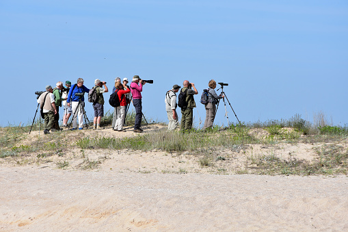 Durankulak, Bulgaria - April 30, 2019: Small group of retired people birdwatchers with binoculars and photo cameras with telescopic lenses standing on the dunes by Durankulak Lake in Durankulak nature reserve - habitat of many bird species