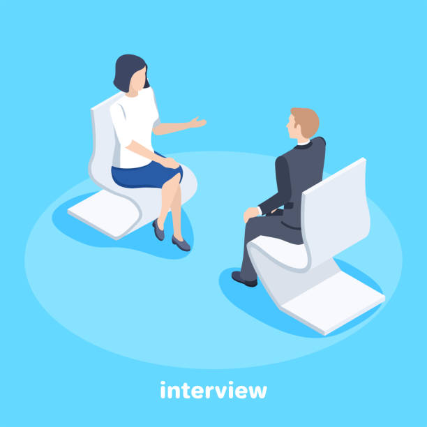 interview Isometric vector image on a blue background, a man and a woman in a business suit are sitting opposite each other in armchairs and conducting an interview, consultation and business conversation interview event backgrounds stock illustrations