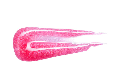 Muestra de brillo labial aislada en blanco. Lipgloss rosa manchado. photo