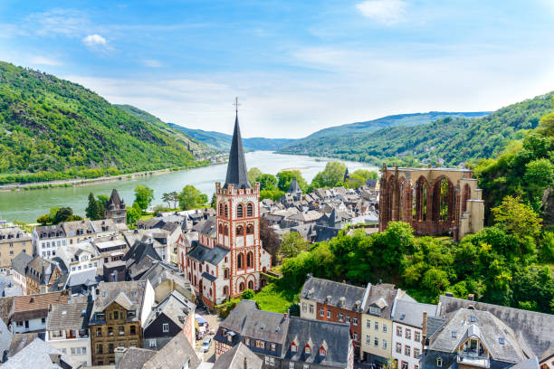 istock Bacharach am Rhein. Small town on the Upper Middle Rhine River (Mittelrhein). Beautiful aerial panoramic Postcard view. Rhineland-Palatinate (Rheinland-Pfalz), Germany.  UNESCO 1150806387