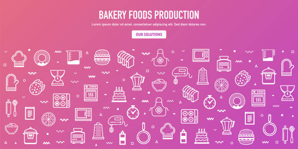 Bakery Foods Production Operations Outline Style Web Banner Design Bakery foods production operations outline style web banner design. Line vector icons for infographics, mobile and web designs. bread patterns stock illustrations