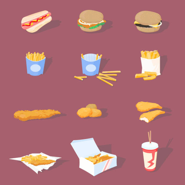 ilustraciones, imágenes clip art, dibujos animados e iconos de stock de iconos de comida rápida - hamburger refreshment hot dog bun