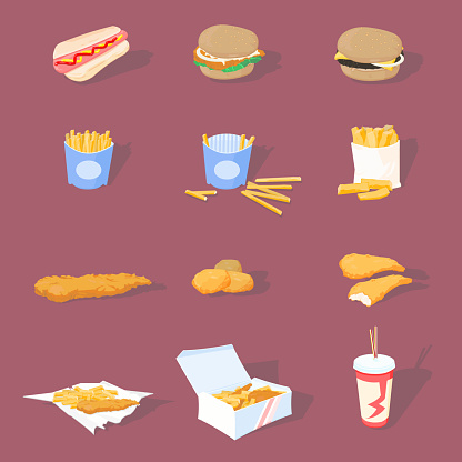 A vector illustration of a selection of tasty, detailed fast food icons - including burgers, chips, nuggets, fish, chicken burger, soft drink and more! These work well at small sizes (as shown) and are also detailed enough to be used at a large scale. Everything is grouped for easy editing.
