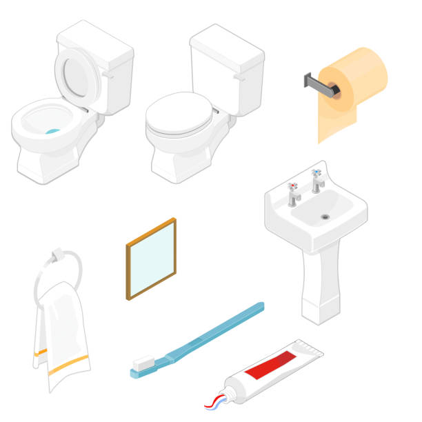 Isometric Bathroom Icons A vector Isometric illustration of  household Bathroom and water closet Icon set. vanity mirror stock illustrations