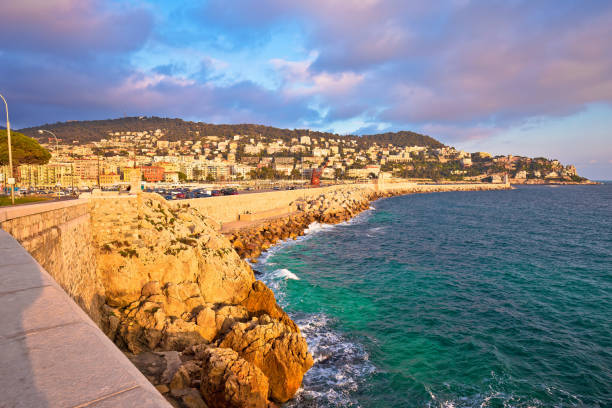 City of Nice waterfront and harbor sunset view City of Nice waterfront and harbor sunset view, French riviera, Alpes Maritimes department of France stone bench top view stock pictures, royalty-free photos & images