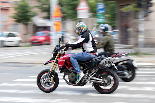 Belgrade, Serbia - May 20, 2019 : Two motorbikes speeding on the city street