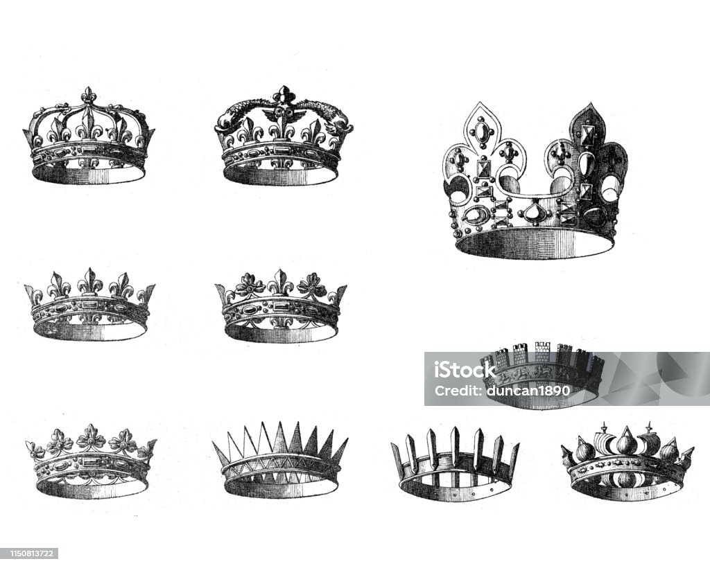 Vintage engraving of crowns Crown - Headwear stock illustration