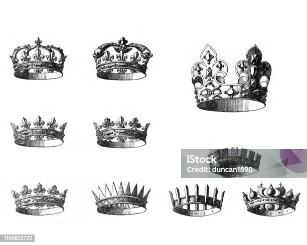 Vintage Engraving Of Crowns Stock Illustration - Download Image Now - Crown - Headwear, Engraving, Retro Style