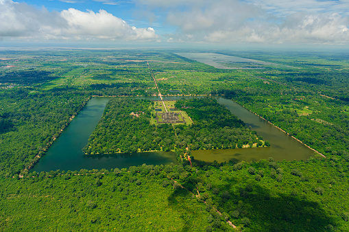Aerial views of the Angkor Wat ruins by helicopter