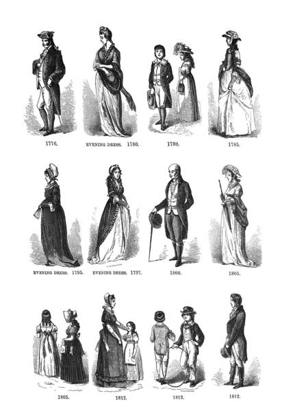 ilustraciones, imágenes clip art, dibujos animados e iconos de stock de ilustraciones del primer siglo estados unidos-1873-modas de 1776 a 1812 - historical person