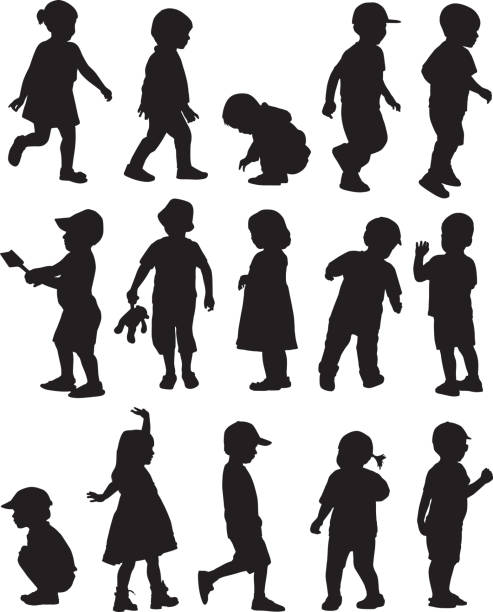 ilustraciones, imágenes clip art, dibujos animados e iconos de stock de siluetas para niños - two boys illustrations