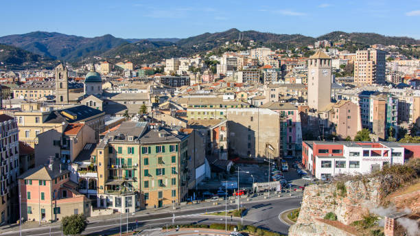 Old Town of Savona Panoramic view of the city centre of Savona, taken from the Priamar fortress province of savona stock pictures, royalty-free photos & images