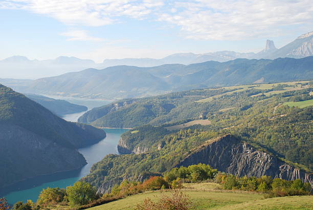 View of the Monteynard lake and Mont Aiguille, taken from the village of Monteynard, the French Alps