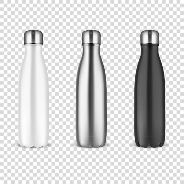 ilustrações de stock, clip art, desenhos animados e ícones de vector realistic 3d white, silver and black empty glossy metal reusable water bottle with silver bung set closeup on transparency grid background. design template of packaging mockup. front view - bottle