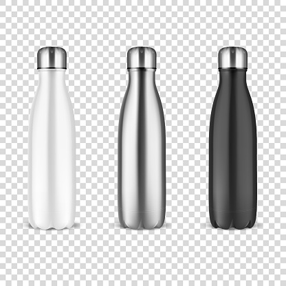 Vector Realistic 3d White, Silver and Black Empty Glossy Metal Reusable Water Bottle with Silver Bung Set Closeup on Transparency Grid Background. Design template of Packaging Mockup. Front View.