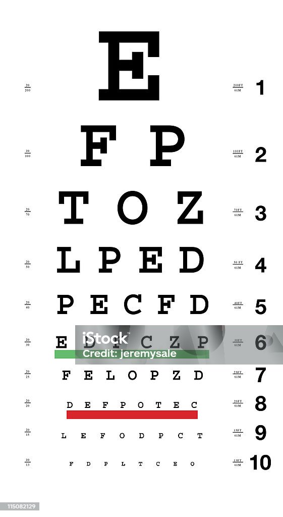 Tabla optométrica con distancia los marcadores y calificación - Foto de stock de Tabla optométrica libre de derechos