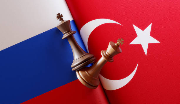 istock Russian and Turkish Flag Pair with King Chess Pieces 1150824861