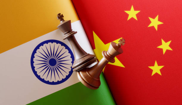 istock Indian and Chinese Flag Pair with King Chess Pieces 1150827072