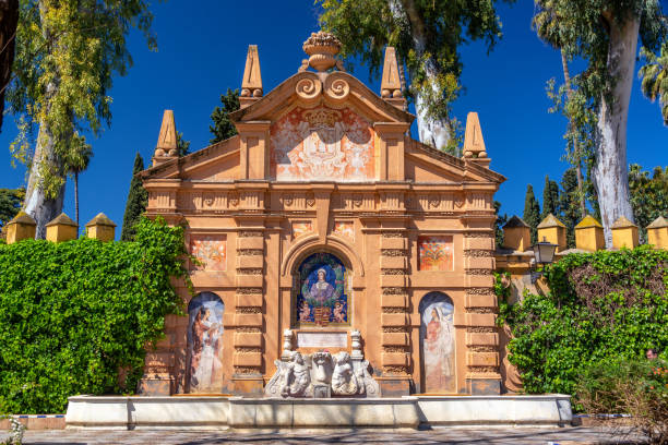 Colorful Wall in Seville, Spain Colorful wall in the Gardens of Murillo outside the Alcazar in Seville, Spain alcazares reales of sevilla stock pictures, royalty-free photos & images