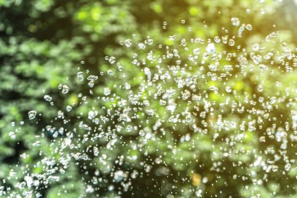 Flying water drops on green background stock photo