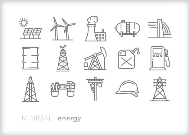 Man-made and natural energy and power line icon set Set of 15 energy and power line icons of various types of man-made and natural energy sources including solar, wind, nuclear, gas, oil, natural gas, and the electricity they create oil well stock illustrations