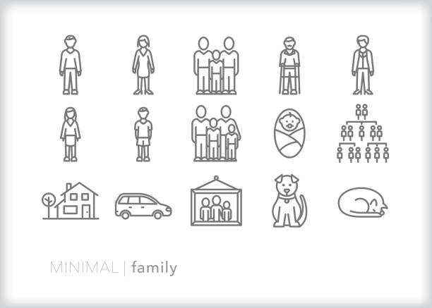 Family line icons of people, house, pets and car Set of 15 family line icons of people within a family such as mother, father, grandparents, son, daughter, and baby as well as a house, car, cat, dog, family portrait and family tree family trees stock illustrations