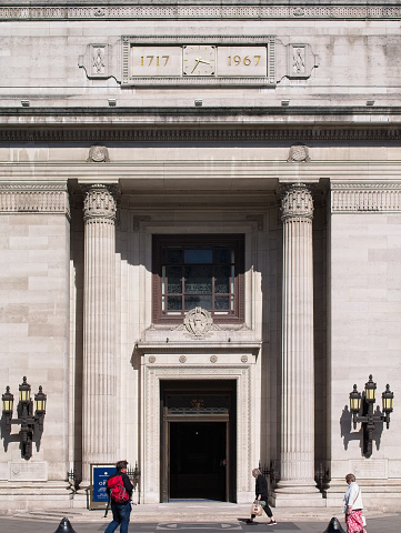 London / UK - MAY 20 2019: Front entrance of Freemasons Hall, the headquarters of the United Grand Lodge and Supreme Grand Chapter of Royal Arch Masons of England.