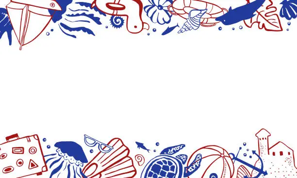 Vector illustration of Rectangular frame template with sealife and beach objects on top and bottom. Vector outline hand drawn illustration red and blue