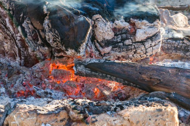 poço do incêndio com os registros que queimam e carvão vegetal - charbroil - fotografias e filmes do acervo