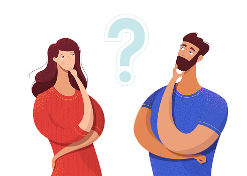 Couple sharing common secret vector illustration. Cartoon friends, colleagues with hand on chin gesture isolated characters. Making decision, hesitating, distrust symbol. Question mark