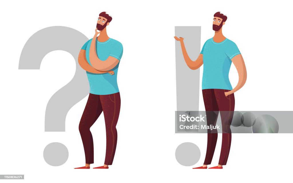 Man, question, exclamation mark flat illustration Man, question, exclamation mark flat illustration. Serious boy considering problem, looking for solution. Male expert making decision. Bearded guy with hand on chin gesture isolated character Uncertainty stock vector