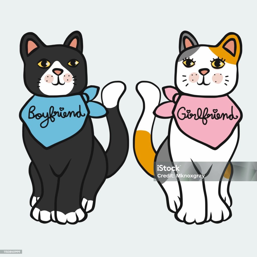 Black cat boyfriend and White cat girlfriend cartoon vector illustration Animal stock vector