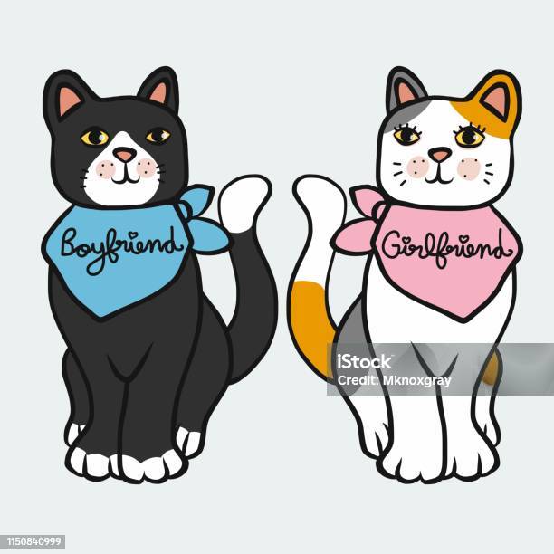 Black Cat Boyfriend And White Cat Girlfriend Cartoon Vector Illustration Stock Illustration - Download Image Now