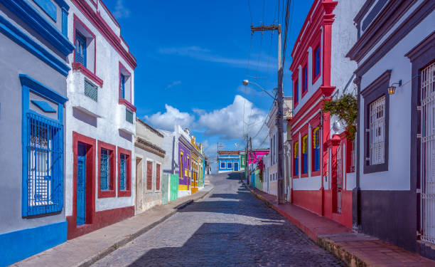 Street of colonial houses in Olinda city stock photo