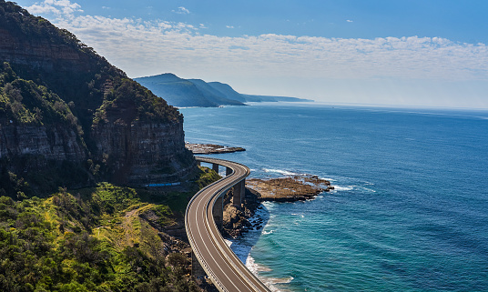 View over the Sea Cliff Bridge from the hidden lookout point and no cars or pedestrian on the bridge