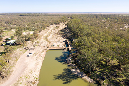 The Darling river at Bourke in drought conditions, bone dry up stream of the weir